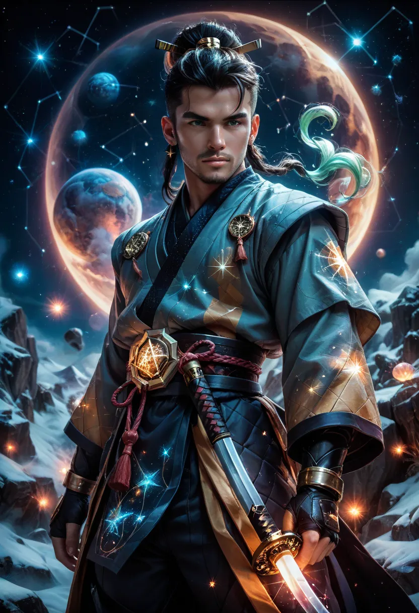  Create an artistic illustration of a samurai in space ,  where his armor is transformed into constellation patterns and his katana emits a mystical glow. The environment is full of nebulas and stars ,  merging traditional elements with digital surrealism 