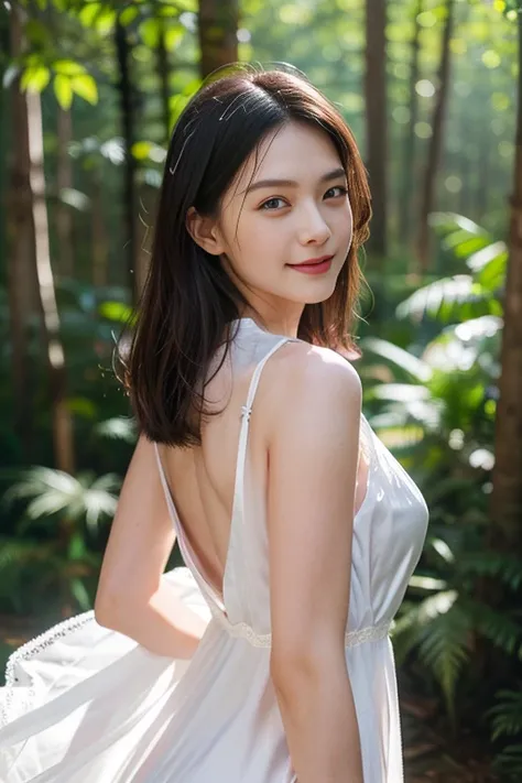 (8k, RAW photo, photorealistic, HQ, masterpiece), a cute Japanese woman, (glowing eyes), 
(shy smile), brown hair, (Violet dress, sleeveless long dress, elegant lace silk fabric dress:1.2), large breasts, (in the forest),(Seductive pose, dynamic and sexy p...