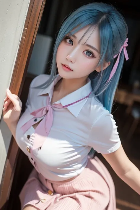 (  Details beautiful eyes and   Details face, masterpiece side light, masterpiece,  top quality ,   Details,  high resolution illustration ), ( 1 girl,  beautiful girls,  pubic skin,  Look Down,  viewers), (  long sky blue hair , pink eye,  skirt, ribbon, ...