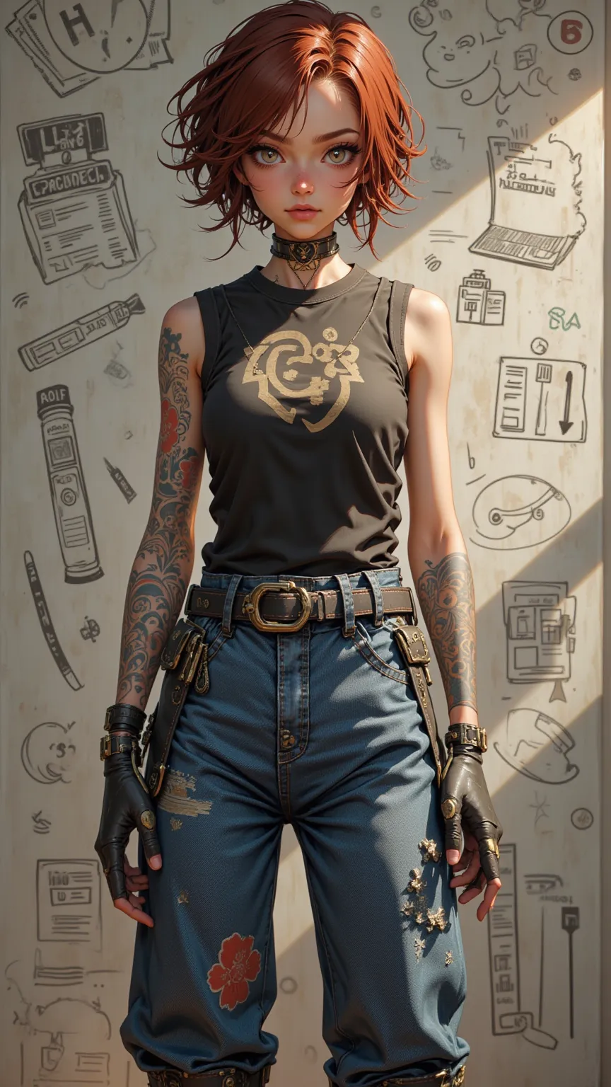  High quality masterwork ， HD ， High detail，3D Rendering， A young beautiful girl ， Exquisite handsome five officers ，Wear ultra-fashionable forward sleeveless t-shirts and jeans， Tall boots ， with a leading tattoo ， Curly short hair ，reddish brown hair， Sl...