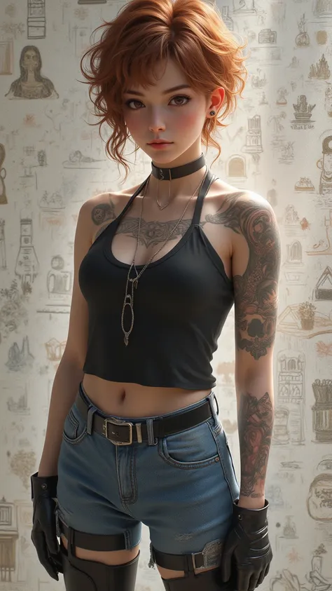  High quality masterwork ， HD ， High detail，3D Rendering， A young beautiful girl ， Exquisite handsome five officers ，Wear ultra-fashionable forward sleeveless t-shirts and jeans， Tall boots ， with a leading tattoo ， Curly short hair ，reddish brown hair， Sl...