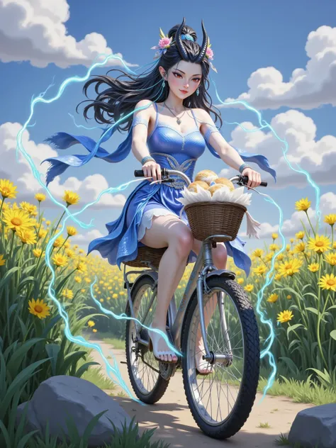 Aorun pedals through rapeseed fields on vintage bicycle, floral scarf fluttering around her horns. Grass blades glow neon under tires, sparrows frozen mid-flight by her gaze. Rice cakes levitate from basket, morphing into lightning-charged dragon-scale pas...