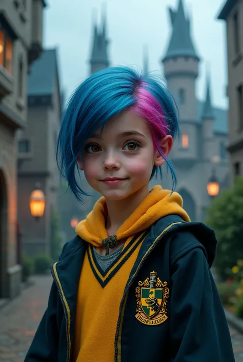 student at Hogwarts, , Blue hair with pink highlights brown eyes, 4k, magic, he's wearing a Hogwarts hufflepuff uniform