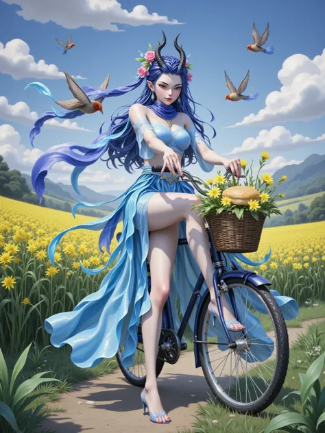 Aorun pedals through rapeseed fields on vintage bicycle, floral scarf fluttering around her horns. Grass blades glow neon under tires, sparrows frozen mid-flight by her gaze. Rice cakes levitate from basket, morphing into lightning-charged dragon-scale pas...