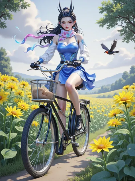 Aorun pedals through rapeseed fields on vintage bicycle, floral scarf fluttering around her horns. Grass blades glow neon under tires, sparrows frozen mid-flight by her gaze. Rice cakes levitate from basket, morphing into lightning-charged dragon-scale pas...