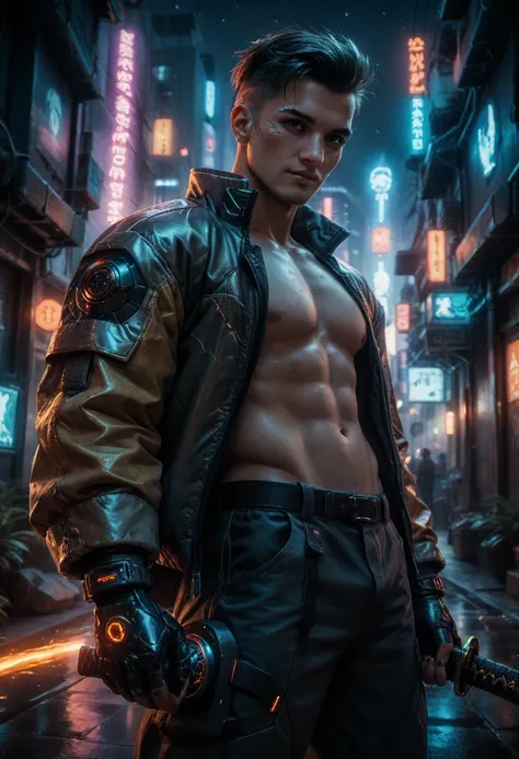 Create a scene of a futuristic samurai in space ,  with a katana of glowing energy and armor that fuses traditional Japanese elements with cybernetic details.  The image has a spiral galaxy background and neon lights ,  cyberpunk style