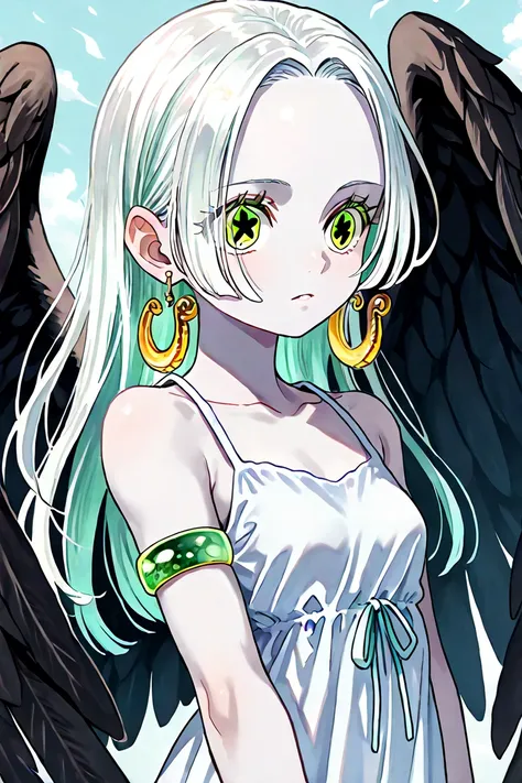 aasnake, long hair, white hair, pale skin, earrings, green eyes, symbol-shaped pupils, black wings, small breasts. sundress, white dress, sleeveless, armlet,