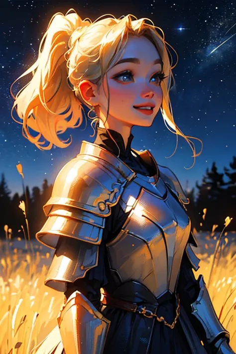 (( masterpiece, The best quality , highest quality, illustration,detalles intrincados)),  Pretty Girl,  smile, armor,golden hair, ponytail ,
 night,  Starry Sky Sweater ,  depth of field ,  outdoor, Sky blue dress 