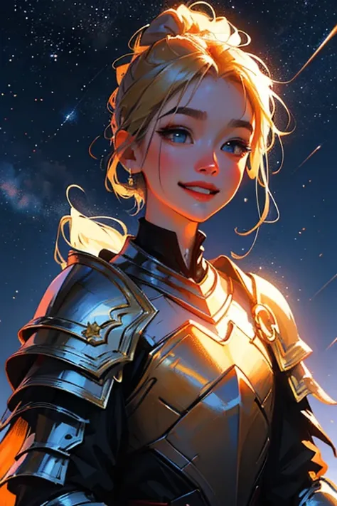 (( masterpiece, The best quality , highest quality, illustration,detalles intrincados)),  Pretty Girl,  smile, armor,golden hair, ponytail ,
 night,  Starry Sky Sweater ,  depth of field ,  outdoor, Sky blue dress 