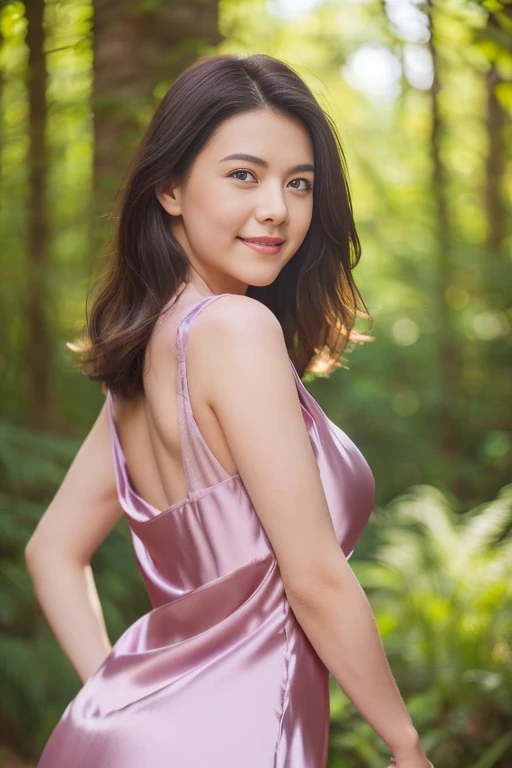 (8k, RAW photo, photorealistic, HQ, masterpiece), a cute Japanese woman, (glowing eyes), 
(shy smile), brown hair, (Violet color dress, sleeveless long dress, elegant lace silk fabric dress:1.2), large breasts, (in the forest),(Seductive pose, dynamic and ...