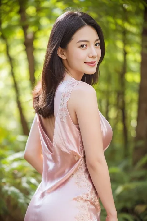 (8k, RAW photo, photorealistic, HQ, masterpiece), a cute Japanese woman, (glowing eyes), 
(shy smile), brown hair, (Violet color dress, sleeveless long dress, elegant lace silk fabric dress:1.2), large breasts, (in the forest),(Seductive pose, dynamic and ...