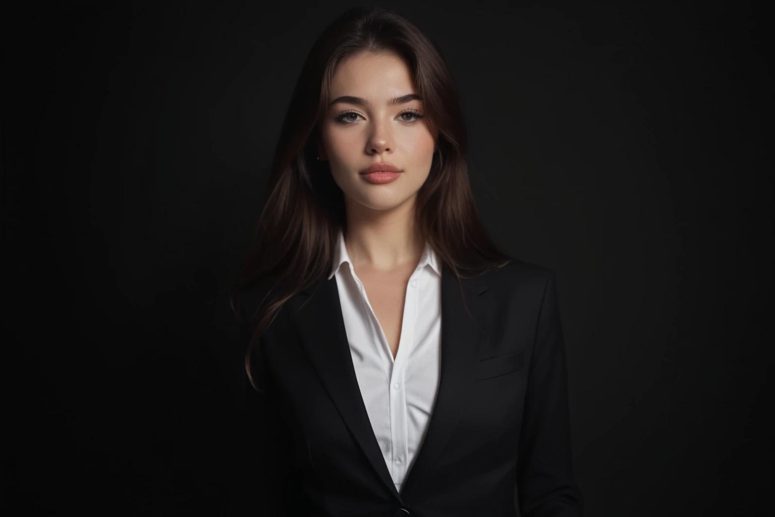 a woman in a black suit and white shirt posing for a photo, girl in suit, girl in a suit, in a black suit, promotional portrait, promotional picture, in a suit, promo image, most beautiful woman on earth, in a business suit, woman in black business suit