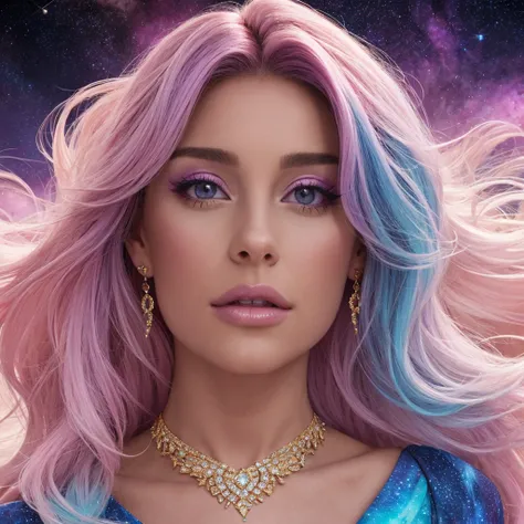 pixomeda portrait shot of Ariana Grande as an ethereal cotton candy goddess with long, shimmering thick wavy pink flowing hair blowing in the wind, light shimmery skin, stunning detailed purple eyes. she is looking at the viewer. She wears a flowing elabor...