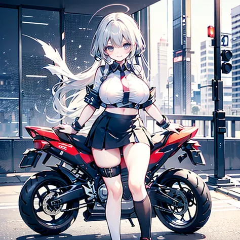  masterpiece, top quality,One, (((wearing  miniskirt))),  girl, chibi,motorcycle, jump, (frown:0.9),smile, speed,  motion lines, helmet,  miniskirt、A silly smile、((( big breasts:1.5)))