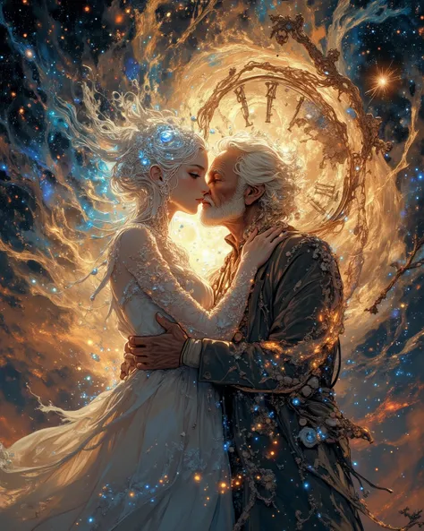 Lovers Embracing Each Other Across Time and Space, One is a holographic young woman, the other an old man. nebula, galaxy, universe setting, warped clock, distorted clock