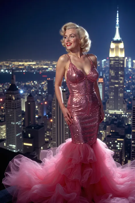 <Lora:m3r1l. Marilyn Monroe is posing at night on the roof of the Empire State building. Make up, red lipstick, beauty mole. The dress she is wearing is a bright pink mermaid style with the bottom spreading out in a wide circumference around her feet. Made...