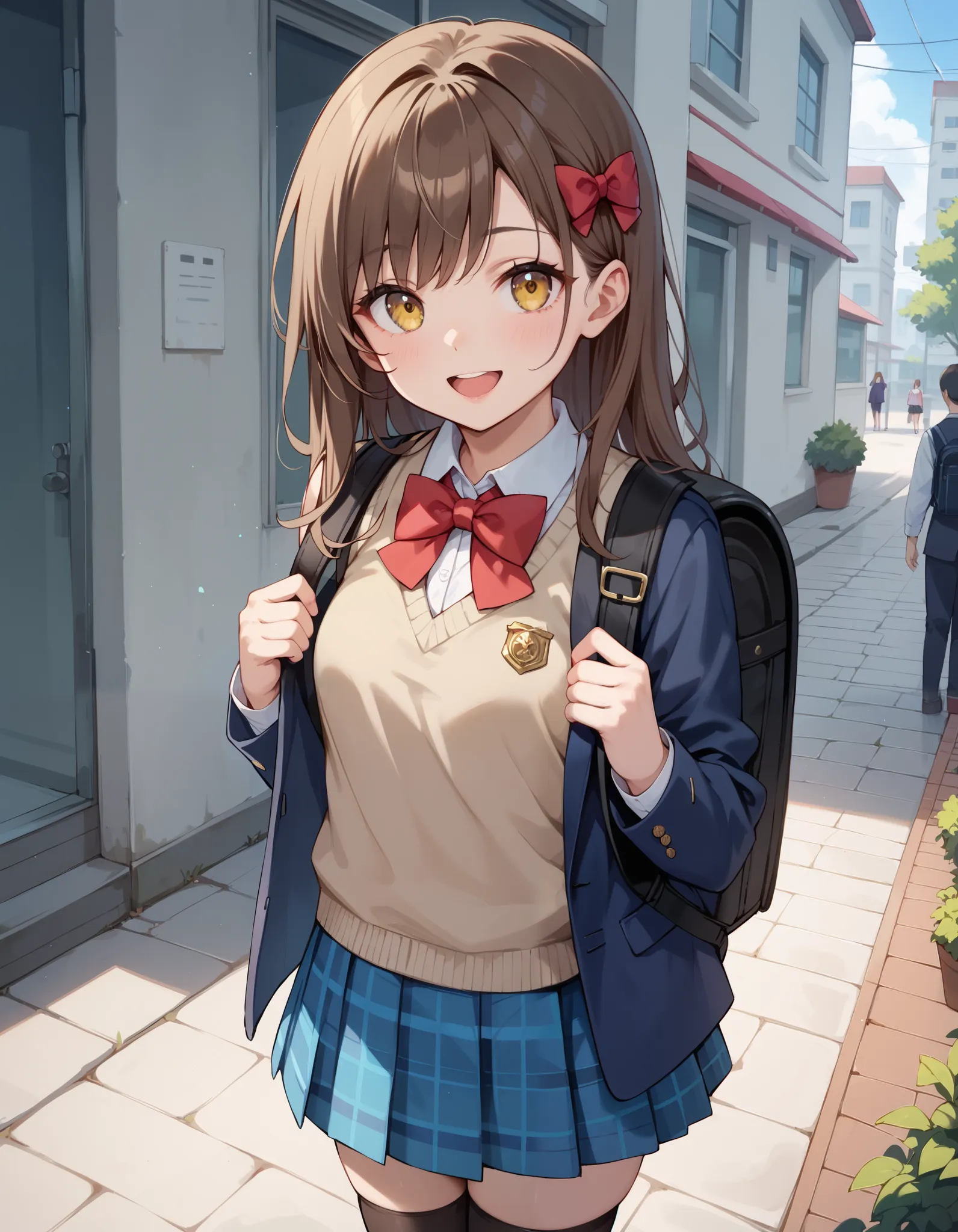 Masterpiece, hires, best quality, cute girl, small breasts, short girl, 1girl, brown hair, long hair, hair bow, wearing white collared shirt, wearing red bowtie, dark blue blazer, dark blue plaid skirt, wearing brown sweater vest, white thighhighs, yellow ...