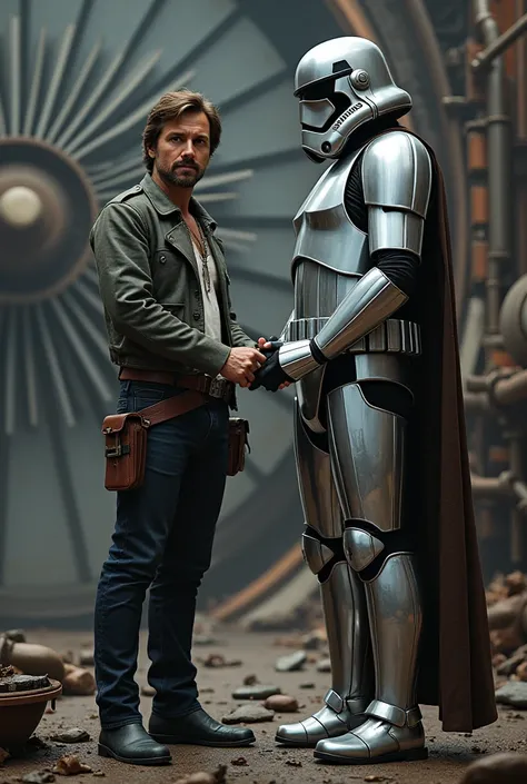 Han Solo and Captain Phasma from the Star Wars series stand next to each other holding hands on a nuclear reactor fan