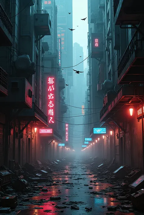 Cyberpunk Alleyway: Design a dark, gritty alley in a cyberpunk world, complete with neon signs, scattered tech debris, and drones flying overhead.