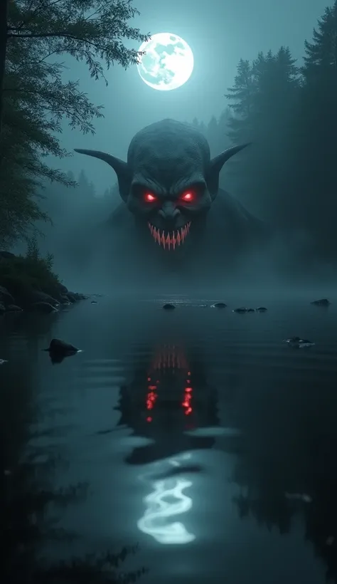 A hyper-realistic, high-detail horror scene of a dark, foggy river under the eerie glow of a full moon. The still water reflects a horrifying, grinning demonic face with unnaturally sharp features, glowing red eyes, and a sinister, elongated smile that str...