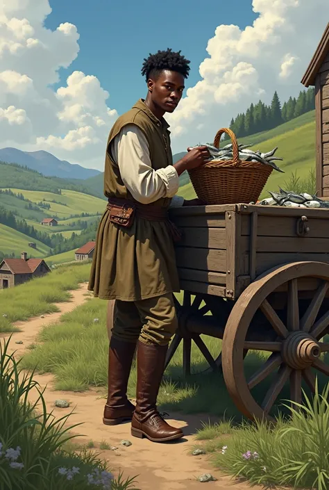 22-year-old black man in medieval clothing and low hair placing a basket of fish on top of an old wagon.