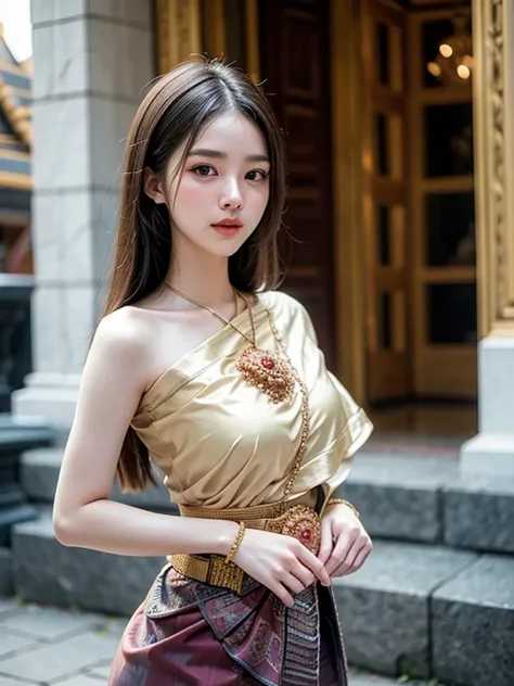 European girl Standing , Thaidress , mid breasts
