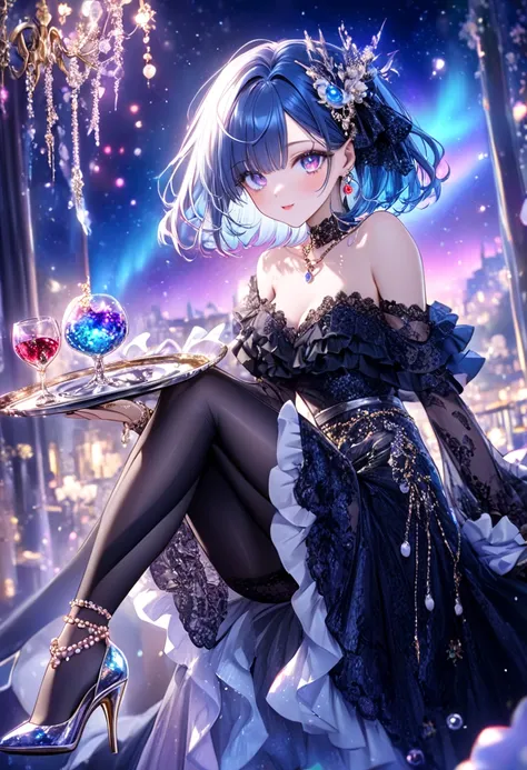  blue hair。 straight bob on a silver tray。Aurora's Eyes 。Beautiful Woman。Night Snake 。 Opal and Moonstone Luxurious Hair Ornaments。Black Lace Off Shoulder 。 White Ruffles and Lace Tight Skirt 。Gold Anklet。 red pin heels。 Pearl and Amethyst Ornaments 。