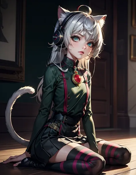 a anime style cartoon girl with pink hair sitting on a striped floor while sporting headphones, 1girl, solo, animal ears, headphones, striped, thighhighs, cat ears, green eyes, cat tail, collar, skirt, long hair, striped thighhighs, (EyesHD:1.2), masterpie...