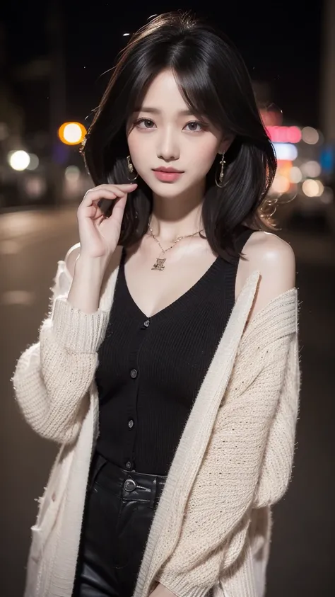 perfect figure beautiful woman，layered Hair Style， (cardigan, happy demeanor, street, at night), (long shot)，Highly Detailed Face and Skin Texture，Whiten the skin, necklace, earrings, add_detail:1