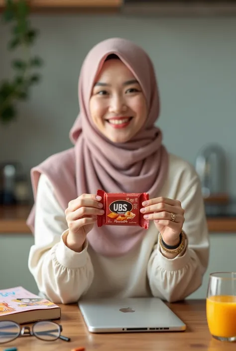 A photo of a 25-year-old korean hijabi woman, wearing a  pastel cute vibrant skirt. She is wearing watch, Ring,She is holding a chocolate bar, partially unwrapped, with a creamy, soft center. The wrapper lies on the table in front of her , with the green a...