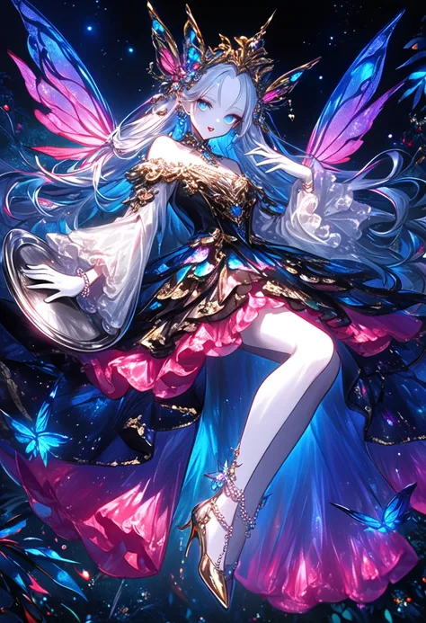  blue hair。 straight bob on a silver tray。Silver Eyes。 Beautiful Fairy Queen 。 white skin。Bright red lips。Night Family 。 Black Lace Off Shoulder Dress。Rococo。 Prestige 。White long gloves。 Light Purple Shawl 。White Slender Ankle 。Gold Anklet。 red pin heels。...