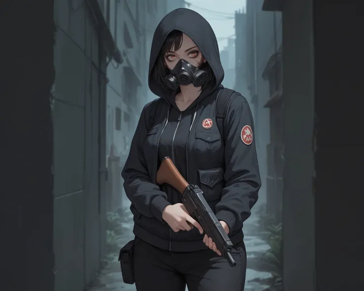 Anime Girl,Wearing Hoodie, Wearing a Gas Mask, wearing a vest, Holding gun, Zombie Apocalypse scenario