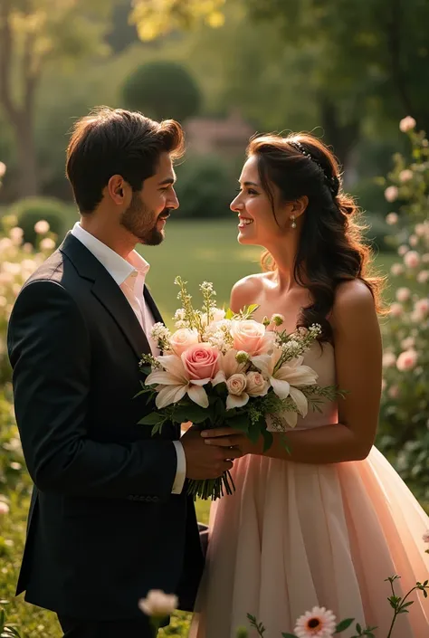 a french man was kneeling infront of his lover and gave a bonquet to her, 8k hd photo.