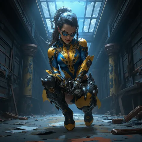 - Main Character, Adult Woman "Barbados", Beautiful, Tall, Long legs, long hair in a ponytail, Glasses, Body covered in clearly visible colored tattoos.

- Wearing a costume ("Full Sexy Armor").
Chest and Thigh Armor are slightly open.
Futuristic Costume D...