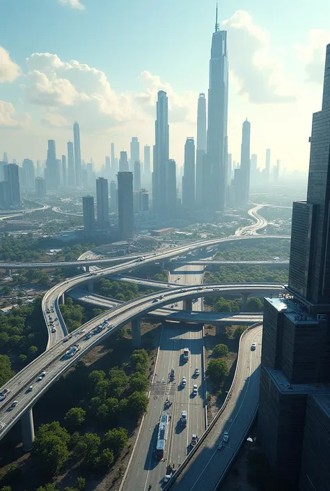 City with modern futuristic skyscrapers seen from the horizon with roads