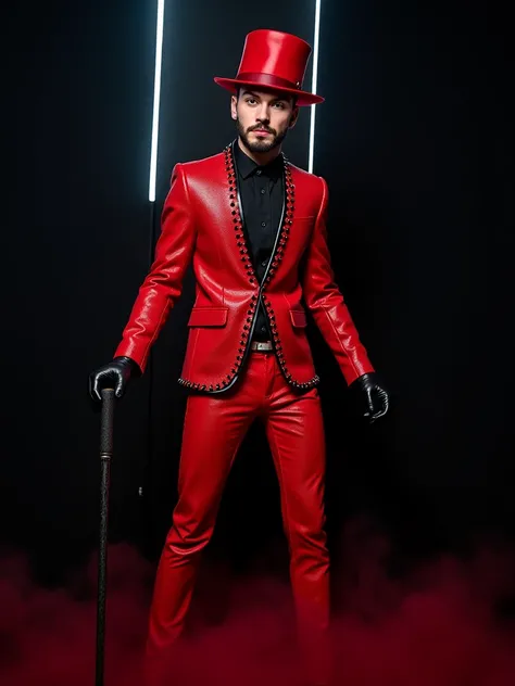  Real image of a young Argentinian athletic model with very short barber-like hair and short beard wearing a red plastic textured suit with black edges, metallic studs and elegant red hat,  black gloves , looking superbly at the camera posing with a cane i...