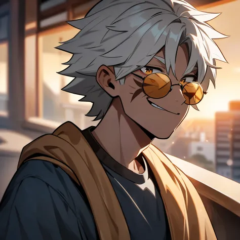 
"A stylish anime-style character with spiky silver-white hair and a confident smile. He wears dark, round sunglasses that slightly reveal his eyes, reflecting the warm glow of the sun. His expression is playful yet mysterious, with sharp facial features a...