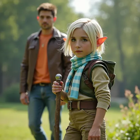 (best quality,4k,8k,highres,masterpiece:1.2),ultra-detailed, female gnome, short blond hair, blue eyes, light blue scarf with white stripes, khaki cargo shorts, green vest, wielding an orbstaff, short girl, small girl, HDR, 8k, absurdres, cinestill 800, sh...