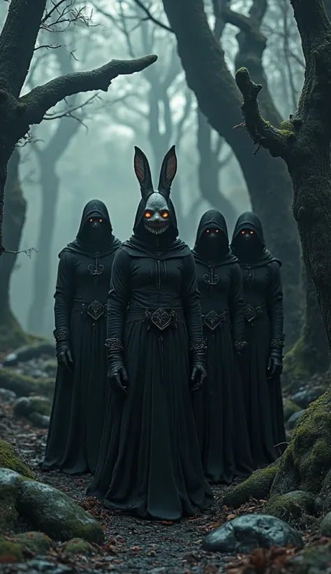  Sinister , weird,  Dark ,  milk, distortion, Granular,  movie particle ,  Victorian era , Cultists, Hooded, weird, forest, rabbit head mask creepy vampire bunny style novuschroma