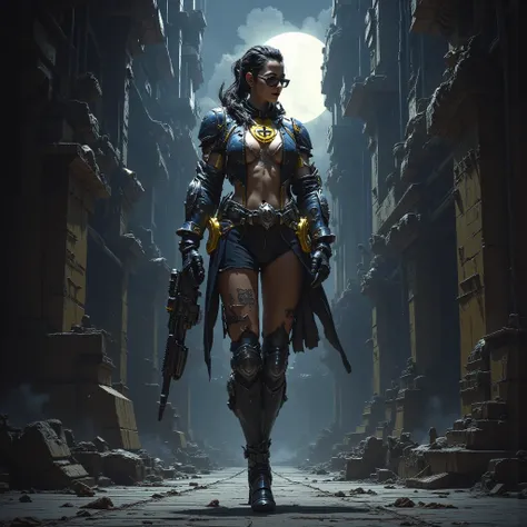 - Main Character, Adult Female "Barbados", Beautiful, Tall, Long legs, Long hair in a ponytail, Glasses, Body covered in clearly visible colored tattoos.

- Wearing a costume ("Full Sexy Armor").
Chest and Thigh Armor are slightly open.
Futuristic Costume ...