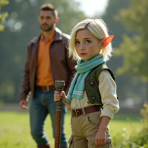 (best quality,4k,8k,highres,masterpiece:1.2),ultra-detailed, female gnome, short blond hair, blue eyes, light blue scarf with white stripes, khaki cargo shorts, green vest, wielding an orbstaff, short girl, small girl, HDR, 8k, absurdres, cinestill 800, sh...
