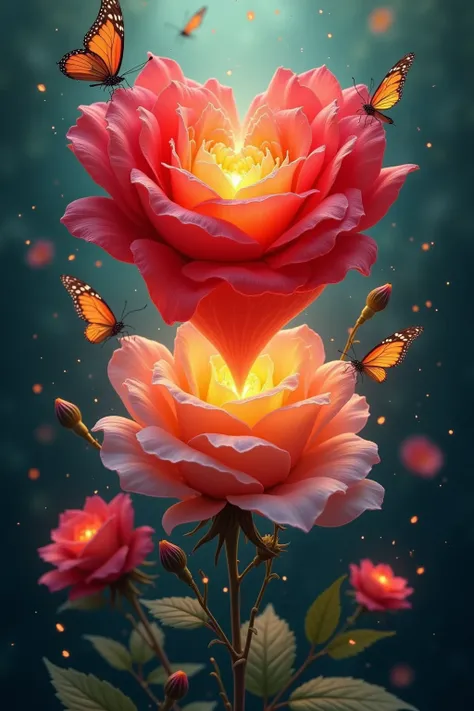   heal a wounded mind  ,   with intense red ， be reborn  ,    high res  ,   finally add green shadows  , Rosa,   blue and beautiful gold details  ,  warm light ,   ambient light , Bright,  Colorful petals fluttering with butterflies  .   The heart is surro...