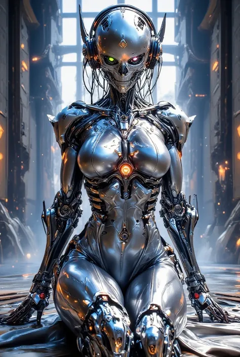  1 Mechanical Girl, portrait, global illumination, Shadow, metal, real light, Shining Eyes, sitting facing the camera, Neon Details, Mechanical Limbs, A mechanical vertebra that attaches to the back, Mechanical neck that attaches to the neck, big breasts, ...