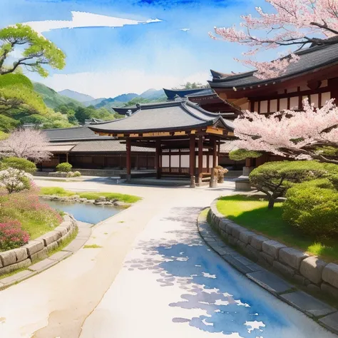 (   Masterpiece:1.2,    top quality),(  very detailed ),(((watercolor))),8k,   wallpaper, 春のKyoto,cherry blossoms. Kyoto,   blue sky,(((   Ghibli style   ))),透明watercolor