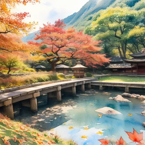 (   Masterpiece:1.2,    top quality),(  very detailed ),(((watercolor))),8k,   wallpaper, 秋のKyoto,autumn leaves, Kyoto,   blue sky,(((   Ghibli style   ))),透明watercolor