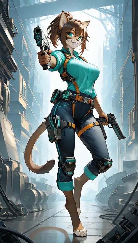 (solo), female anthro cat, ponytail brown hair, (brown fur)), inventor modern gear, holding pistol, handsome, turquoise eyes, by windwttom, smiling, cool, digitigrade, industrial, majestic, 