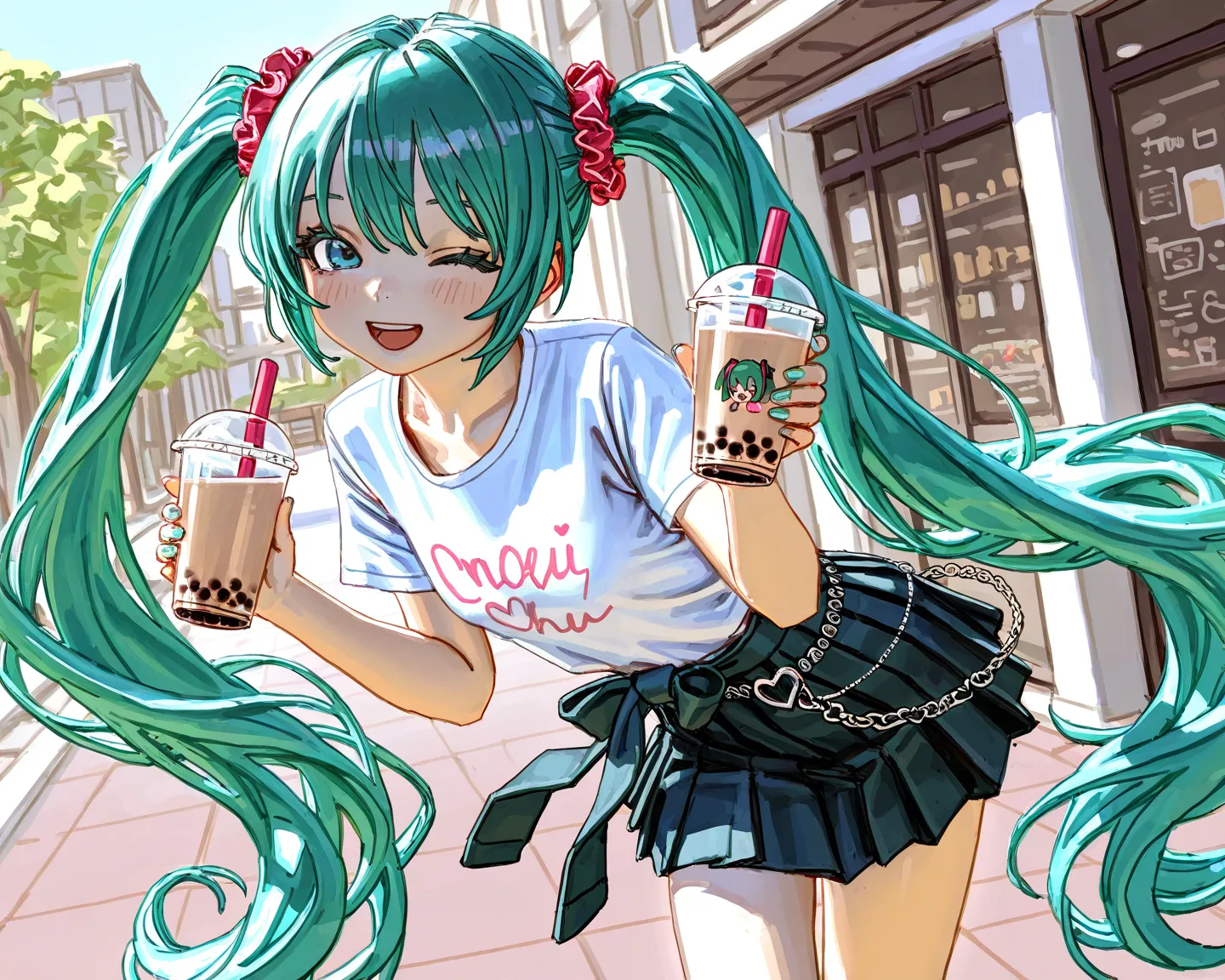 tfaix, black eyelashes, thick eyelashes, 1girl, solo, hatsune miku, hair scrunchie, blue eyes, holding drink, bubble tea, scrunchie, pleated skirt, smile, heart chain belt around waist,  green hair, hair ornament, one eye closed,  very long hair, open mout...