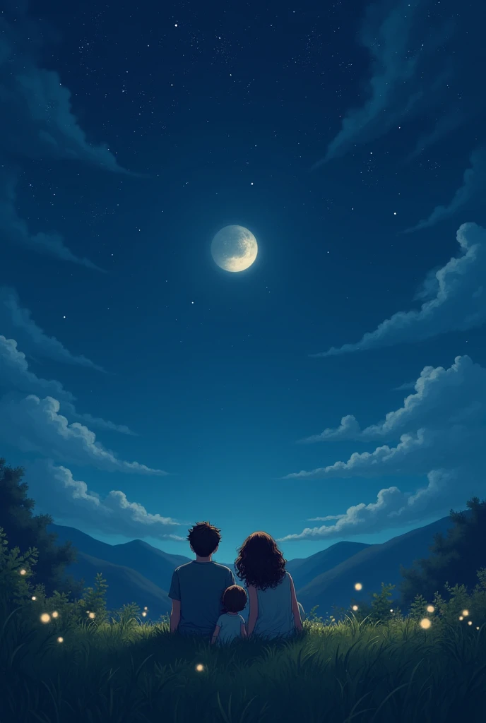 Create an image of a curly haired girl sitting with her boyfriend straight hair and her baby straight hair and looking at the moon and stars good night 