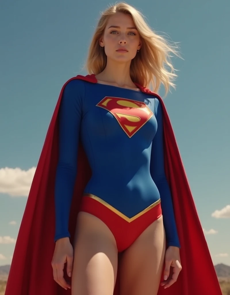 early 20s girl , is the mighty, and invulnerable Supergirl. Her costume features a sleek, form-fitting blue tight-fitting bodysuit made from silky fabric with red briefs, bare legs