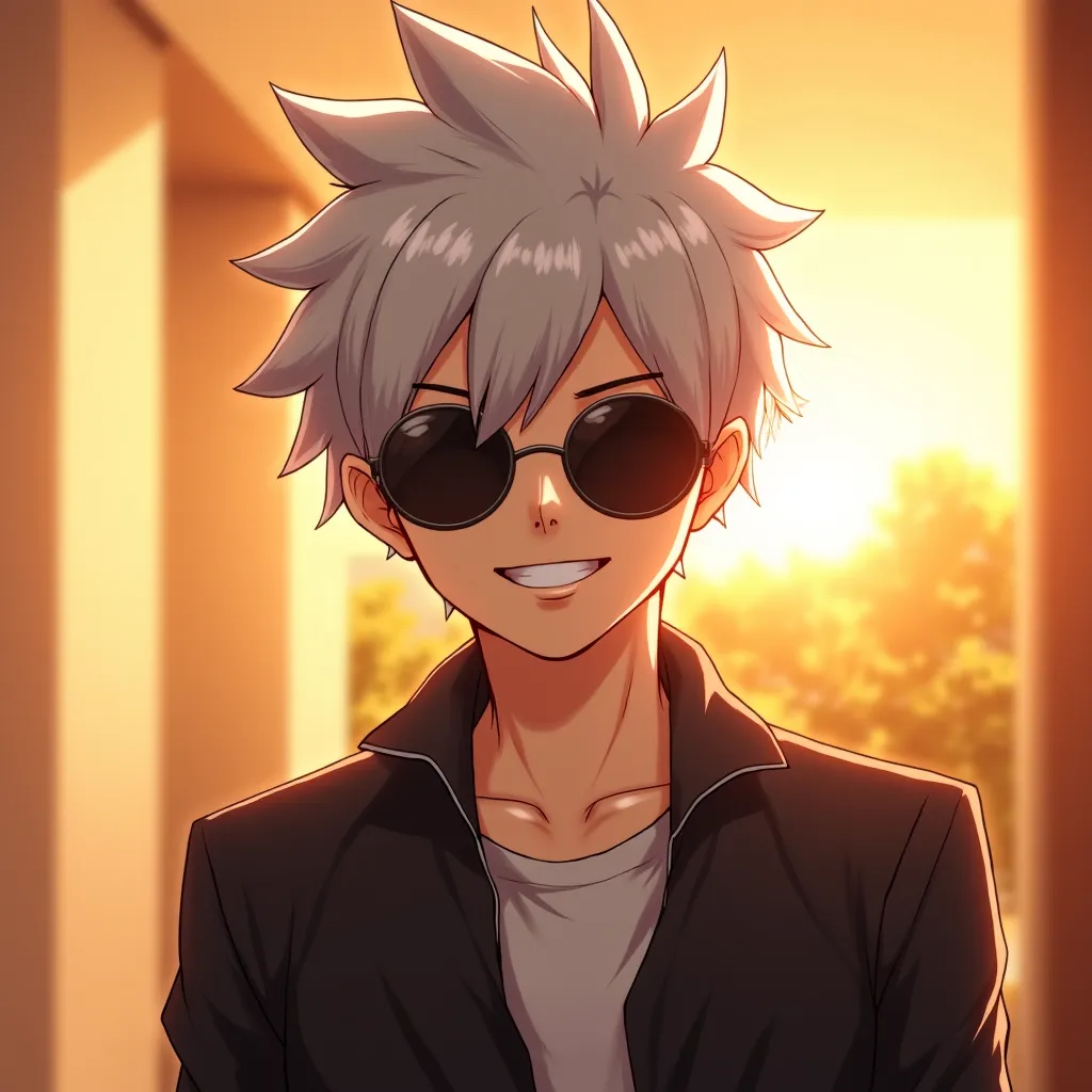 
"A stylish anime-style character with spiky silver-white hair and a confident smile. He wears dark, round sunglasses that slightly reveal his eyes, reflecting the warm glow of the sun. His expression is playful yet mysterious, with sharp facial features a...